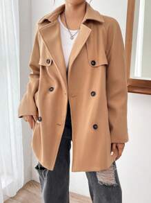 SHEIN EZwear Abrigo De Doble Botonadura Con Solapa Y Mangas Raglán Para Mujeres