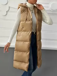 SHEIN Cottnline Zip Up Drawstring Hooded Puffer Vest Coat - Camel - View 3