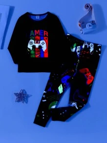 Young Boy Gamepad & Letter Graphic Snug Fit PJ Set - Black - View 1