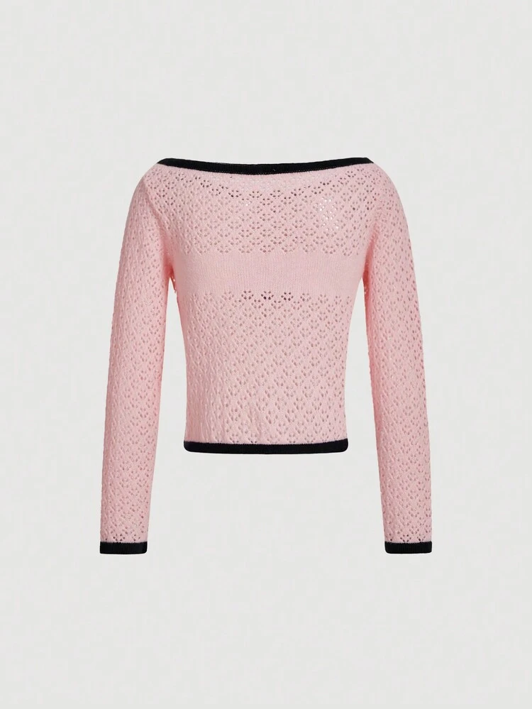 Contrast Binding Knot Front Pointelle Knit Pullover Fall Winter Sweater