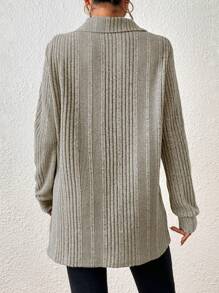 SHEIN LUNE Solid Ribbed Knit Split Hem Tee - Apricot - View 2