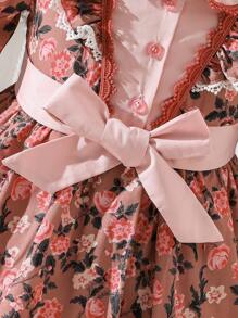 SHEIN 女小童滿版印花荷葉邊荷葉袖繫腰帶洋裝 - 彩色 - 查看 7