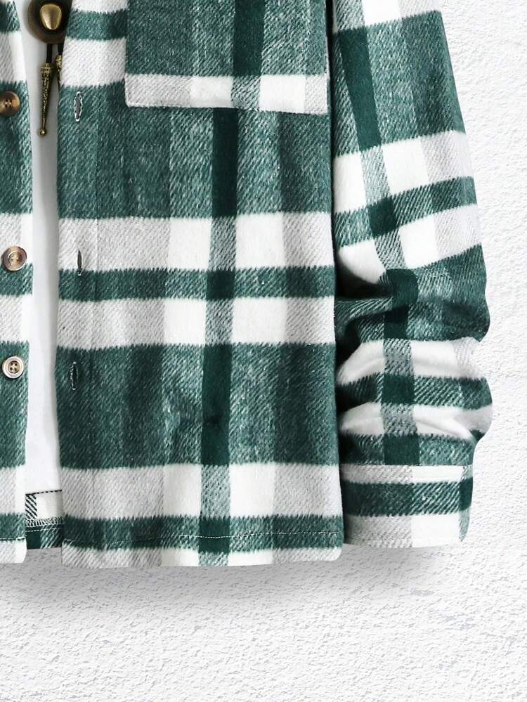 Men Plaid Print Flap Pocket Button Front Shacket