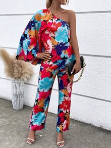 SHEIN LUNE Pantalones con top con estampado floral de un hombro - Multicolor - Ver 3