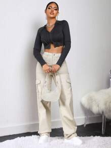 SHEIN SXY Quần jean Nút màu trơn - Màu be - Xem 6