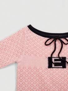 SHEIN Unity 撞色包边打结前片镂空针织套头衫秋冬毛衣 - 粉色 - 查看 3