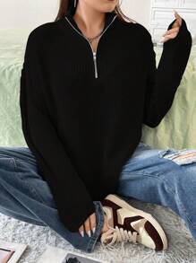 Flirla 大尺寸純色半拉鍊毛衣 - 黑色 - 查看 7