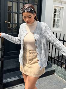 SHEIN EZwear 大碼前紐扣麻花編織開襟衫 - 灰色 - 查看 5