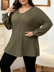 Calvaya Plus Button Front Drop Shoulder Tee - Army Green - View 7