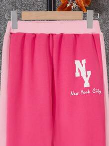 SHEIN Tween Girl Letter Graphic Two Tone Hooded Jacket & Sweatpants Without Tee - Hot Pink - View 5