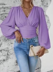 EMERY ROSE Casual Solid Color Lantern Sleeve Ruched Waist Shirt, Autumn - Purple - View 5