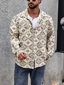 Manfinity Homme 男士大码滿版幾何圖案前排扣襯衫式夾克 - 彩色 - 查看 7