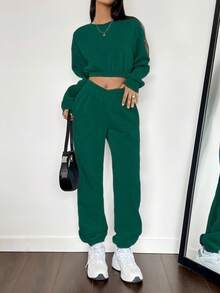 SHEIN Unity Solid Drop Shoulder Sweatshirt & Sweatpants - Dark Green - View 3