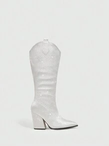 Giày nữ thời trang Full Rhinestone Bạc Chunky Gót Giày Tây Ngày Valentine - Bạc - Xem 3