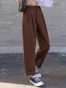 DAZY 女士纯色口袋褶皱休闲商务裤，女士正装裤 - 棕色 - 查看 6