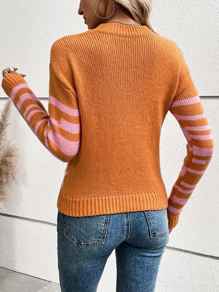 Striped Pattern Sequin Detail Drop Shoulder Knit Pullover Fall Winter Sweater