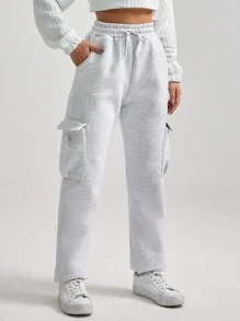 EURMUSE Drawstring Waist Flap Pocket Side Sweatpants - Light Grey - View 1