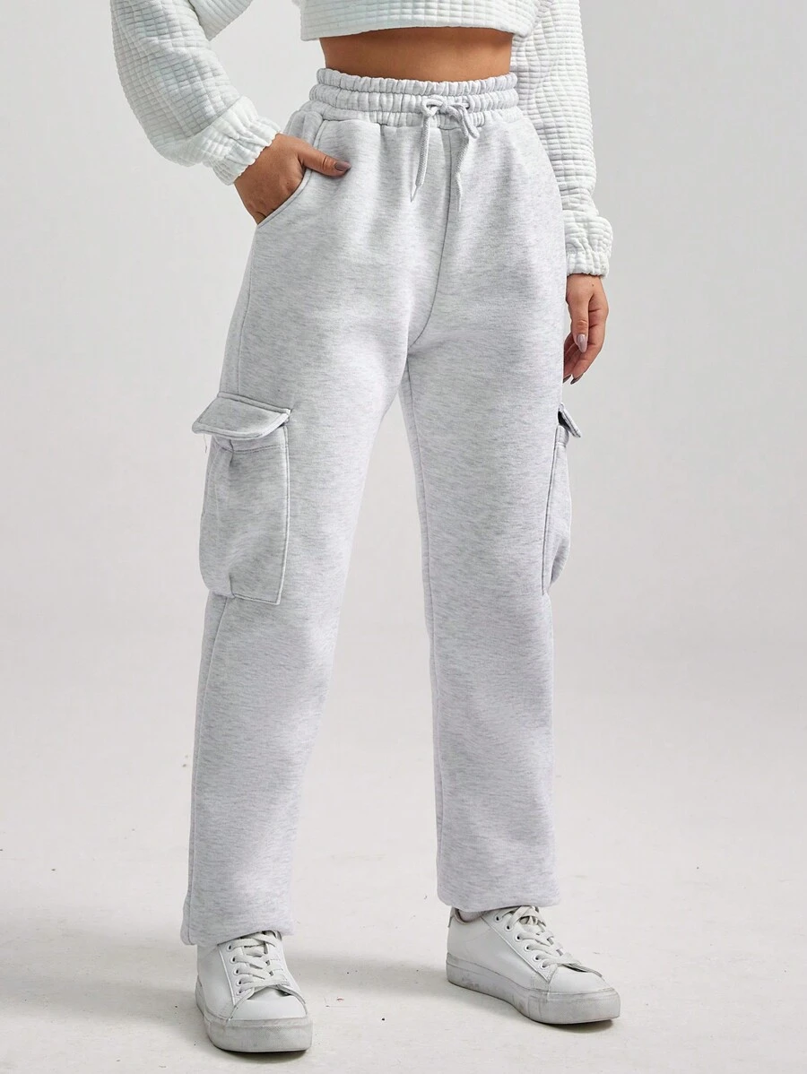 EURMUSE Drawstring Waist Flap Pocket Side Sweatpants - Light Grey - View 1