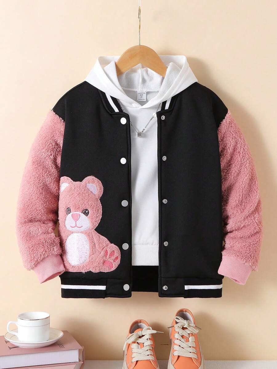 SHEIN 女大童熊圖案拼接絨毛袖學院風夾克 - 彩色 - 查看 1