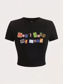 SHEIN EZwear Casual Minimalist English Graphics Round Neck Short Sleeve Fitted Cropped T-Shirt For Women, Summer Suitable For Going Out