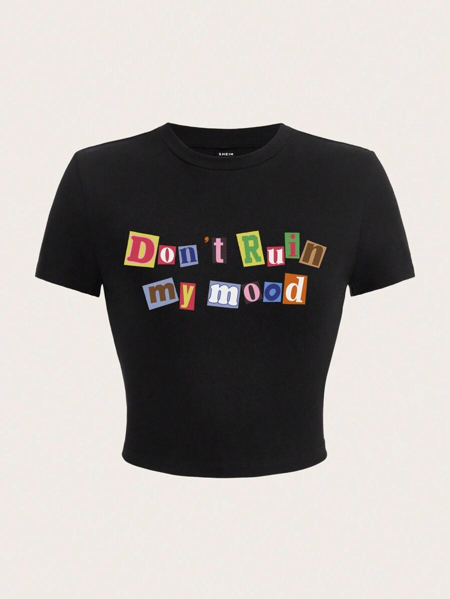 SHEIN EZwear Casual Minimalist English Graphics Round Neck Short Sleeve Fitted Cropped T-Shirt For Women, Summer Suitable For Going Out