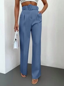 EURMUSE High Waist Belted Wide Leg Suit Pants - Blue - View 3
