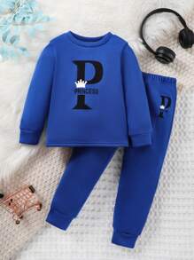 SHEIN Young Girl Crown & Letter Graphic Sweatshirt & Sweatpants - Blue - View 8
