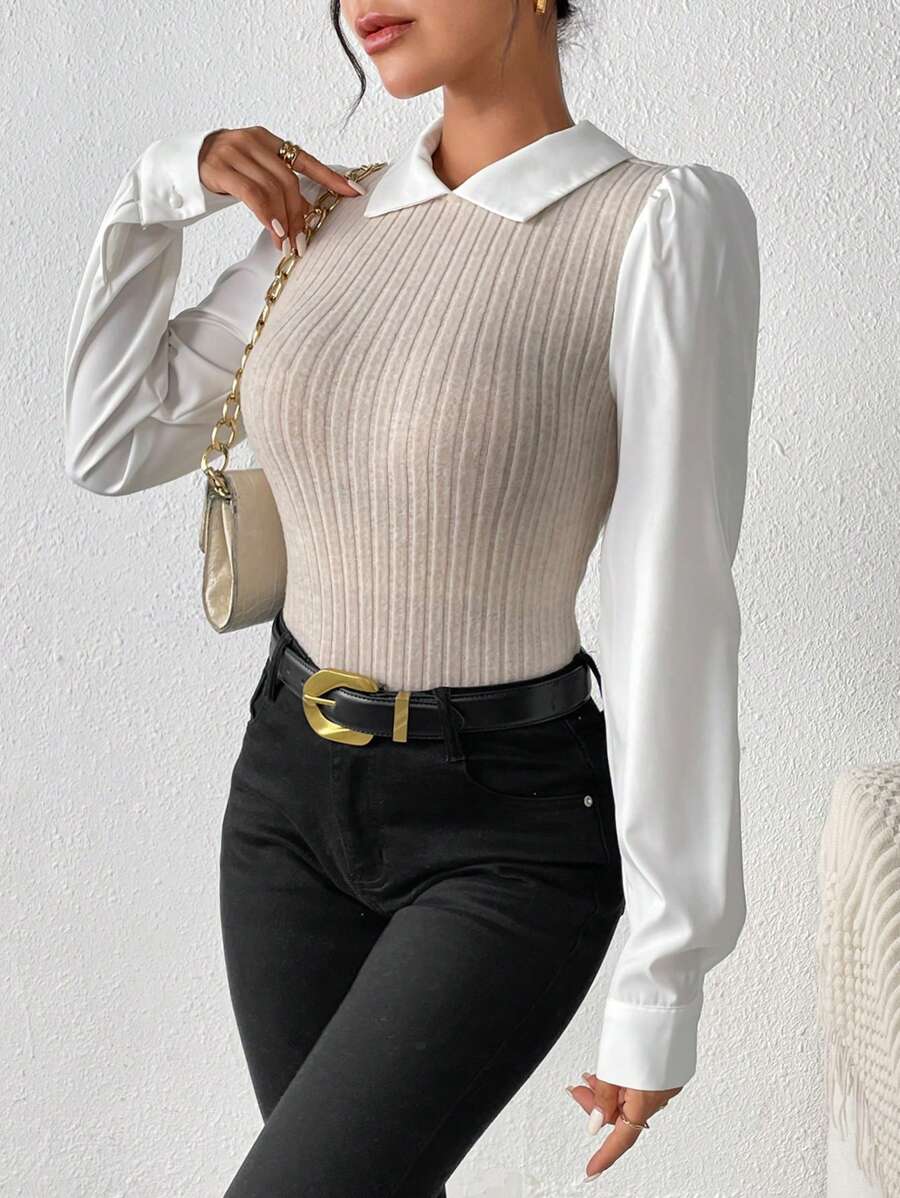 SHEIN Frenchy Top 2 en 1 de dos tonos de manga farol - Albaricoque - Ver 1