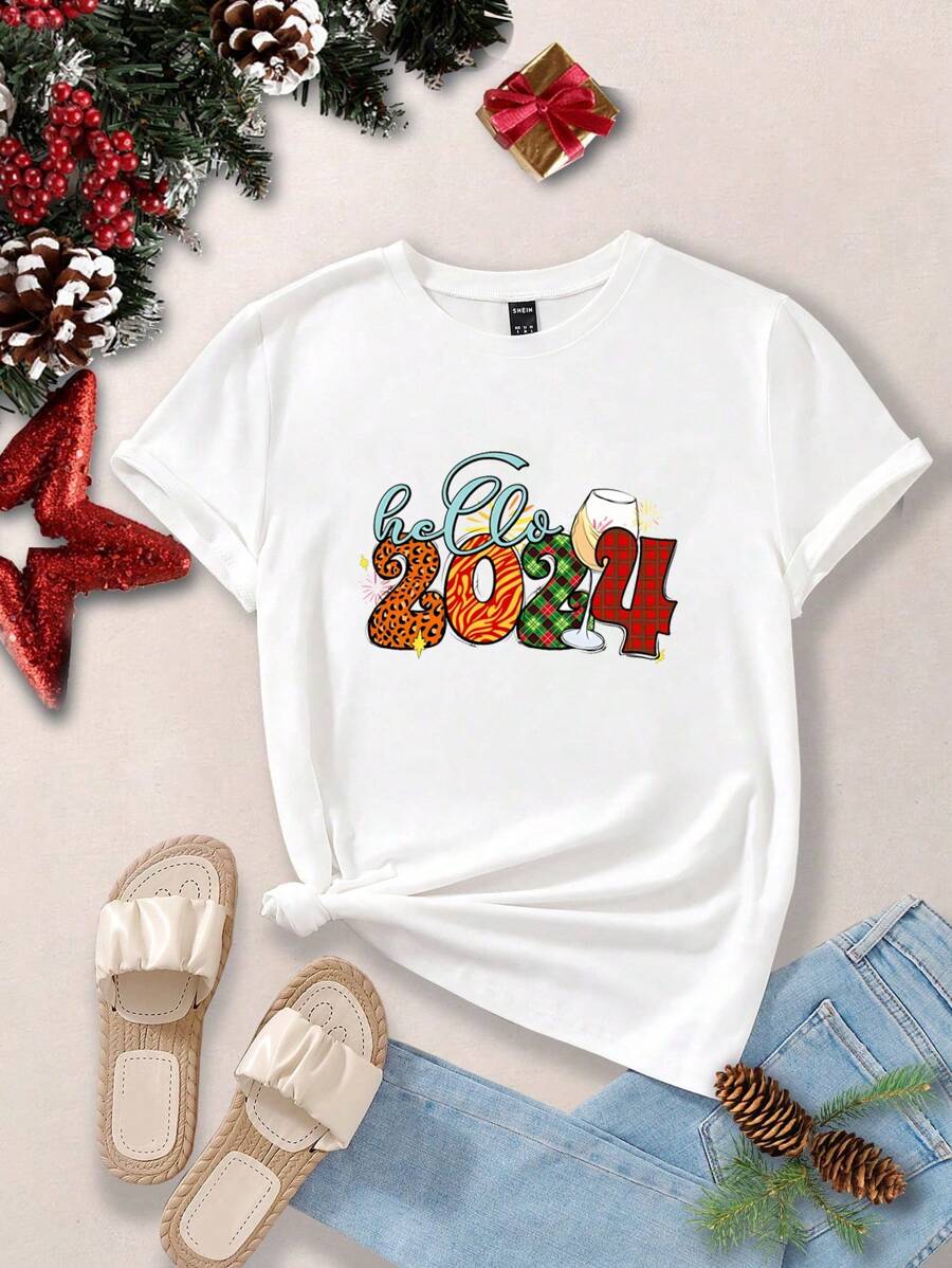 Flirla Hơn In Giáng sinh Áo thun - trắng - Xem 1