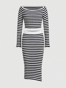 SHEIN Unity Mẫu sọc Off Shoulder Sweater & Knit Skirt - Đen và trắng - Xem 1