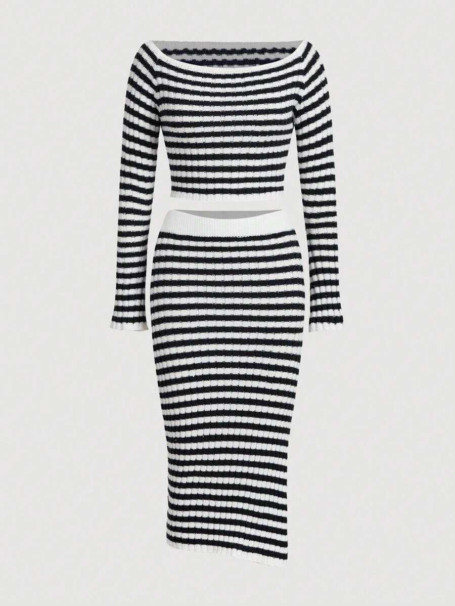 SHEIN Unity Mẫu sọc Off Shoulder Sweater & Knit Skirt - Đen và trắng - Xem 1
