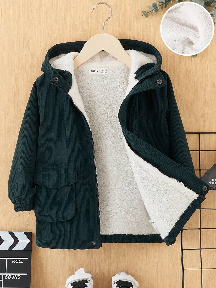 SHEIN 男小童翻蓋口袋毛絨內襯連帽外套 - 軍綠色 - 查看 1