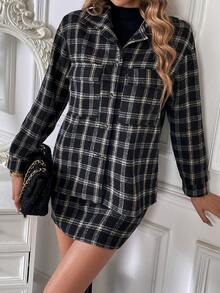 SHEIN Frenchy Plaid Print Drop Shoulder Jacket & Skirt - Black - View 6