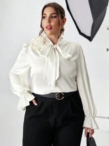 SHEIN Privé Plus Tie Neck Flounce Sleeve Blouse - Beige - View 4