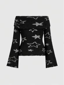 ROMWE Grunge Punk Star Pattern Foldover Off Shoulder Trumpet Sleeve Ripped Trim Sweater - Black - View 2