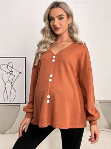 SHEIN 孕婦前紐扣落肩T恤 - 摩卡棕 - 查看 1