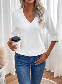 SHEIN LUNE Solid Roll Up Sleeve Studded Detail Tee - White - View 5