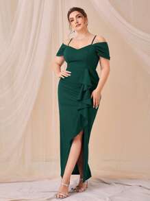 SHEIN Belle Plus Cold Shoulder Ruffle Trim Split Thigh Dress, Elegant Formal Evening Prom Wedding Guest Gown, For Graduation, Dinner Party Dress - Dark Green - View 6