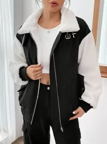 SHEIN EZwear Khối màu Tương phản Teddy Thả vai Áo khoác - Đen và trắng - Xem 6