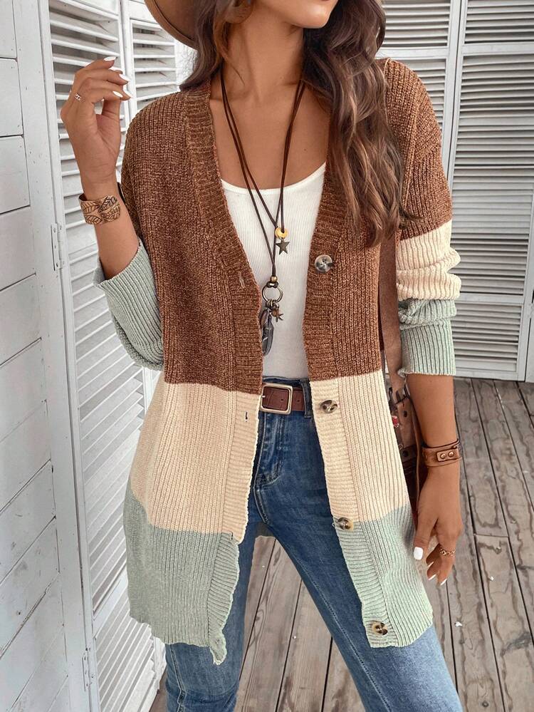 Color Block Drop Shoulder Cardigan In Fall/Winter