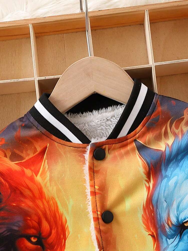 Young Boy Wolf Print Teddy Lined Varsity Jacket