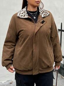 SHEIN EZwear Manteau matelassé à col borg imprimé léopard grande taille - Tabac - Voir 5