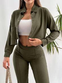 Conjunto De Dos Piezas De Traje Verde Oliva Con Chaqueta De Un Solo Botón Y Pantalones - Verde militar - Ver 5