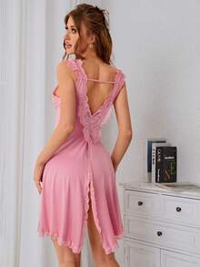 蕾絲拼接後背開衩睡裙 - 粉色 - 查看 2