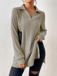 SHEIN LUNE Solid Ribbed Knit Split Hem Tee - Apricot - View 4