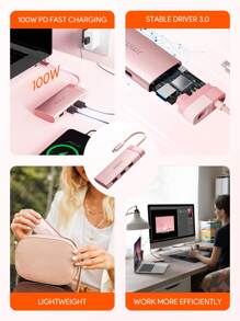 JMMO USB Hub,5 In 1 Fast USB C Hub,Type C Hub,4K USB C To USB3.0*3 & -Compatible,5-In-1 USB C Dock For Most Type-C Devices,Cable Length 165mm - Pink - View 4