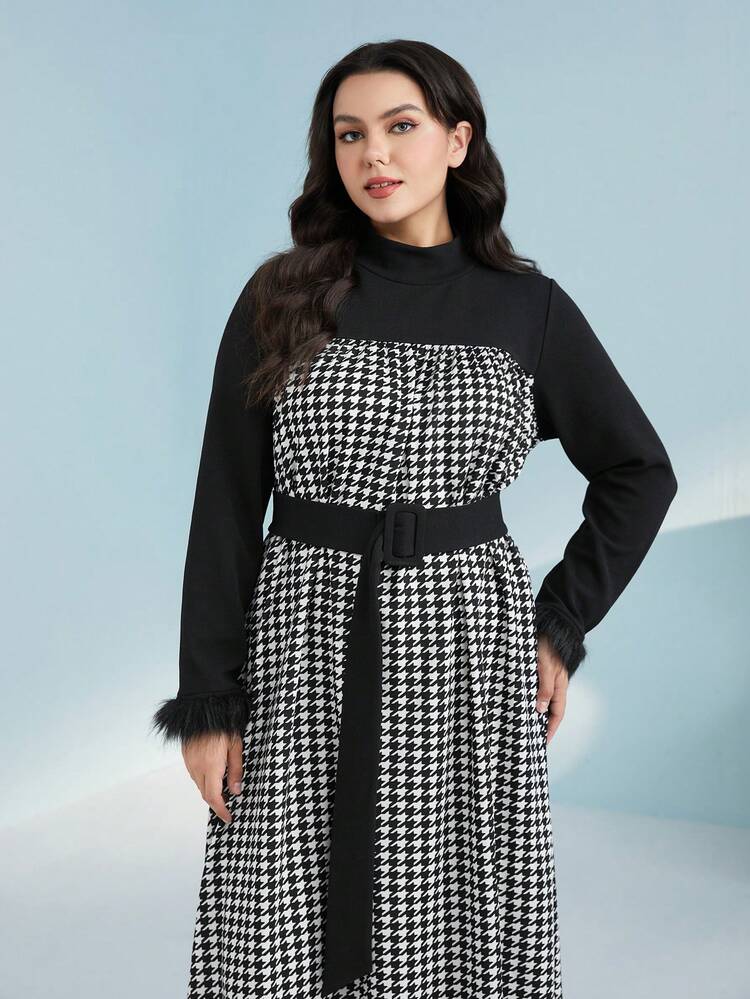 Plus Houndstooth Print Fuzzy Cuff Belted Dress