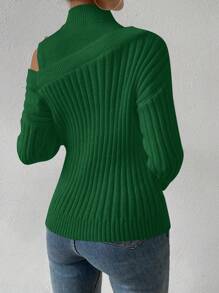 Chiquease Cổ giả Cắt bỏ vai Chi tiết Nút Áo len - xanh quân đội - Xem 2