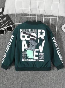 SHEIN Young Boy Letter Graphic Thermal Lined Jacket - Green - View 3