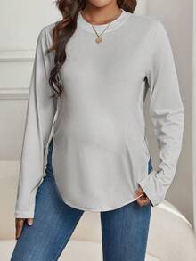 SHEIN Maternity Solid Curved Hem Tee - Light Grey - View 4
